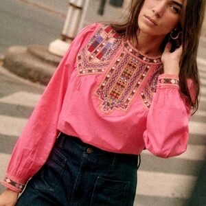 Sezane Tam Long Sleeve Blouse With Embroidered Bib and Cuffs